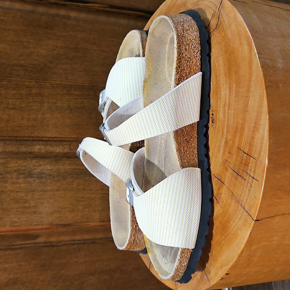 Birki's By Birkenstock Yellow & White Striped Silver Buckle Size 7.5 / 38 - Picture 3 of 15